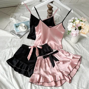 Damen-Pyjama aus glattem Satin, V-Ausschnitt, T-Shirt, gerüschte Kanten und Schleifen-Shorts, einfaches