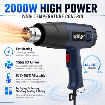 2000 W Heißluftpistole, professionelle Heißluftpistole, einstellbare Temperatur, 60-600 D, 4 Düsen