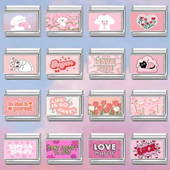 Süßer rosa Buchstabe, Katze, Hund, Welpe, Blumen-Charm, italienische Links, passend für 9 mm Armbänder
