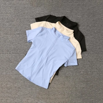 Sommer Taille Abnehmen Training Tops frauen Schnell trocknend Engen Stehkragen Voll Zipper Kurzen Ärmeln Yoga