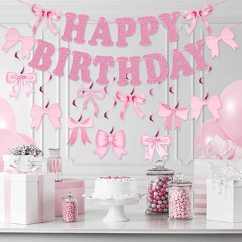 Rosa Schleifen-Themen Geburtstagsdekoration Glitzer Happy Birthday Banner Rosa Schleifen Hängende Spiralen