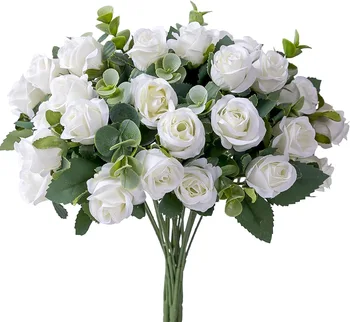 10 Köpfe künstliche Blumen, Seidenrosen, weiße Eukalyptusblätter, Pfingstrosenstrauß, künstliche Blumen