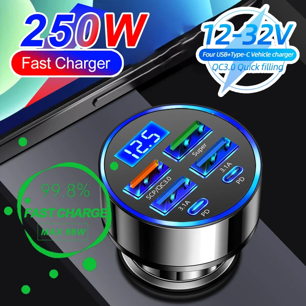 Auto-Ladegerät bis 250 W PD mit Digitalanzeige, QC 3.0