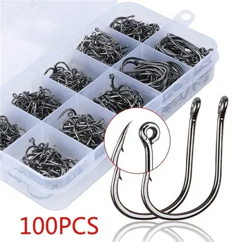 Angelhaken aus Edelstahl, Kohlenstoff-Angelhaken mit Öse, scharfe Widerhaken, verpacktes (100 Stück)