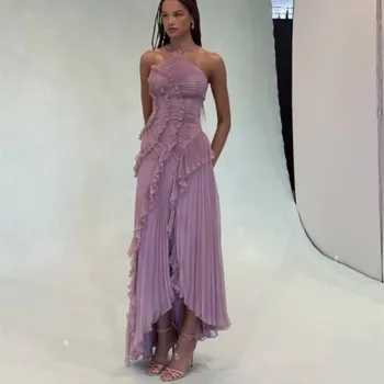Elegantes Damen-Kleid mit Rüschen, plissiert, langes Kleid, modisch, ärmellos, Neckholder, unregelmäßig