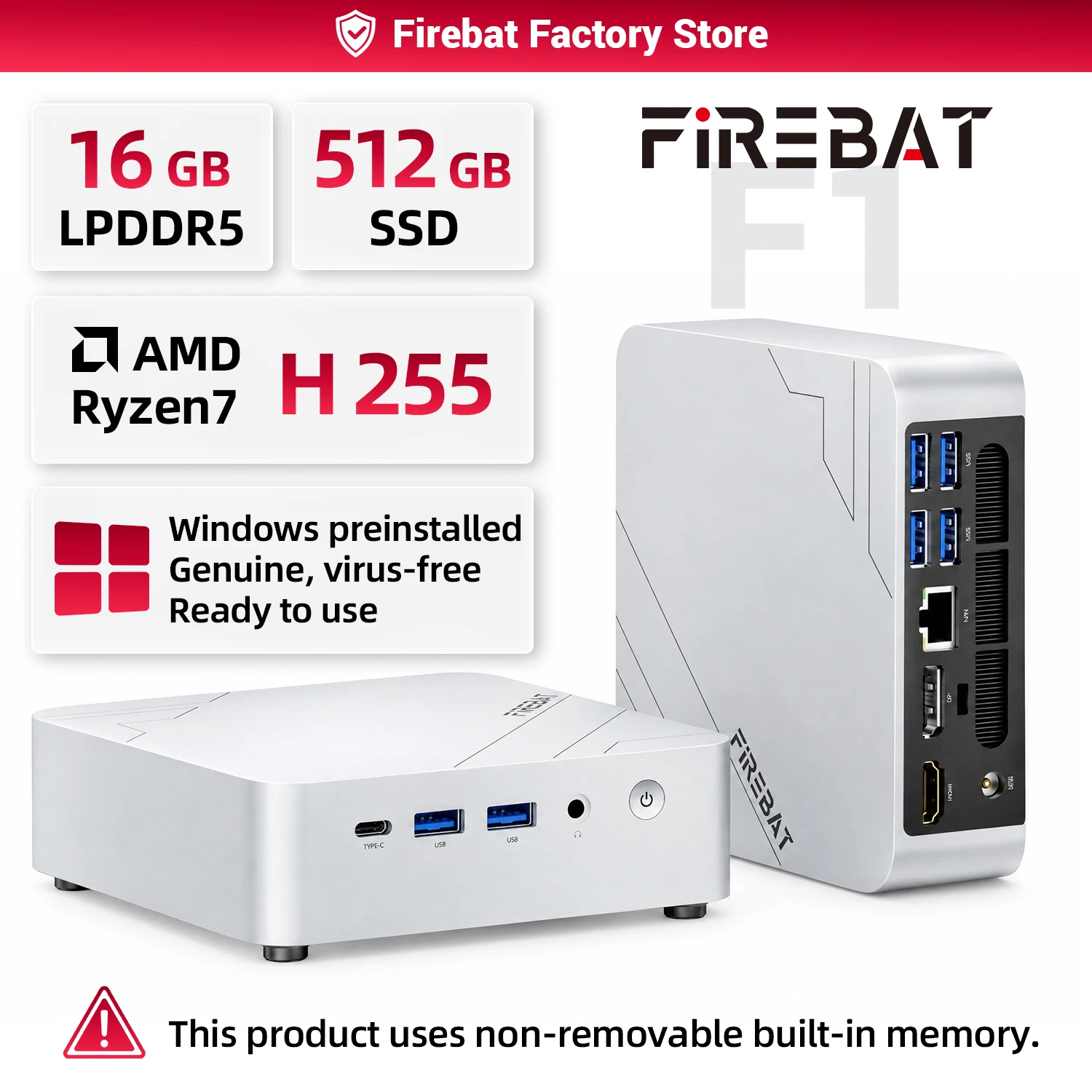 FIREBAT F1 MINI PC AMD Ryzen 7 H255 LPDDR5 16GB RAM 512GB SSD