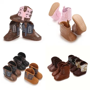 0-12 Monate Babystiefel, Cowboystiefel, hohe PU-Lederstiefel, bestickte Babystiefel