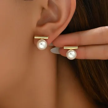 Einfache Imitation Perle Stud Ohrringe Gold Farbe Legierung Acryl Perlen Ohrring Für Frauen Mode Schmuck Trend