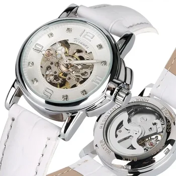 Damen uhr automatische mechanische Uhr Skelett Armbanduhr Selbst aufzug Geschenke weißes Leder armband Damen