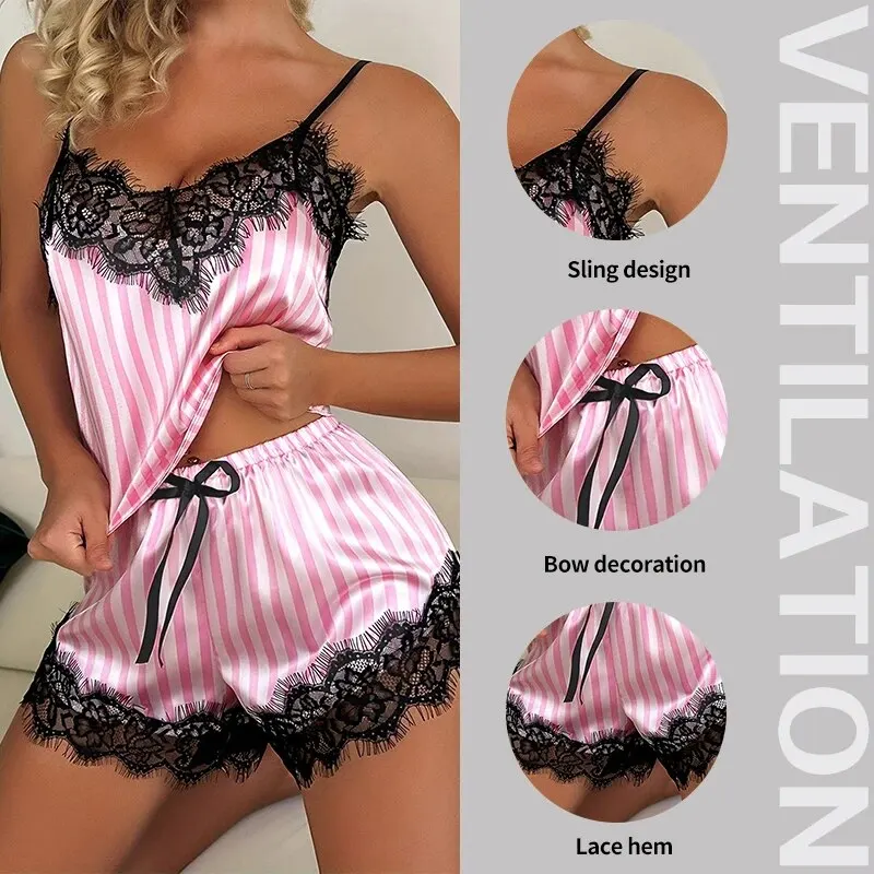Zweiteilige Damen V-Ausschnitt sexy Spitze Hosenträger Pyjama – Bild 5