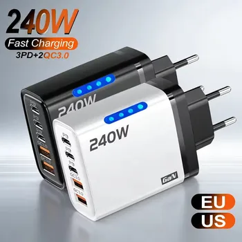 GaN Desktop-Ladegerät 240 W, 3× PD + 2× USB, mit USB-C Kabel