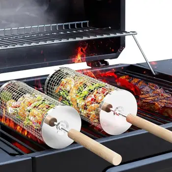 Rundes Grillkorb-Set, Rollender Edelstahl-BBQ-Käfig, Drahtgeflecht-Zylinder-Grillrost, Unverzichtbar