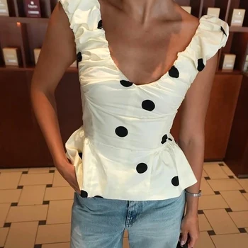 Linad Vintage Polka Dot Rückenfreie Tanktops Sommer Street Chic Slim Tiefer V-Ausschnitt Weste Lässige Rüschen
