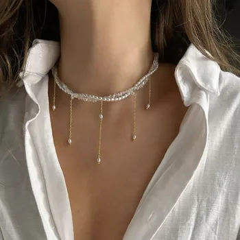 Mode Quaste Kette Anhänger Halskette Für Frauen Boho Transparent Kristall & Imitation Perle Kette Schmuck
