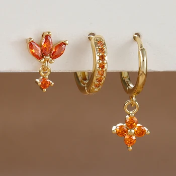 Mode Orange Blau Zirkon Hängende Ohrringe Set für Frauen Edelstahl Blume Baumeln Ohrring Piercing (3 Stück)