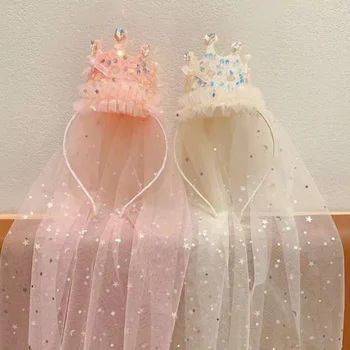Prinzessin Krone Schleier Stirnbänder, Glitzernder Tüll Haarschmuck, Rosa Weiße Pailletten Party