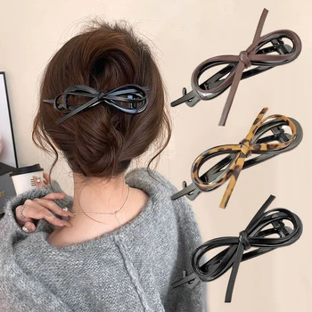 Elegante hohle Acryl-Haarspangen, Leopardenmuster, Leder, Schleife, Entenschnabel-Clip, für Damen und Mädchen
