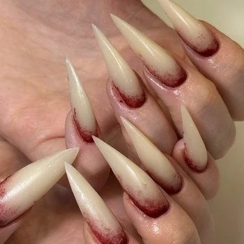Nude-farbene künstliche Nägel für Halloween, blutbefleckt, Jade-Knochen-Optik, lange, spitze (24 Stück)
