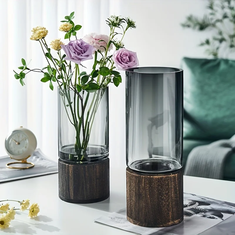 Elegante Glasvase mit Holzsockel für Hydrokulturpflanzen – Bild 2