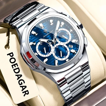 POEDAGAR Business Mann Armbanduhr Datum Chronograph Wasserdicht Leucht Luxus Männer Uhr Edelstahl Quarz herren