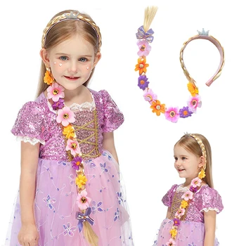 Prinzessin Mädchen Blumen Stirnband Blume Fary Dress Up Weben Lange Zopf Perücke Stirnband Kinder Halloween