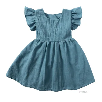 Sommer Säuglings mädchen Kleid fliegende Ärmel Baumwolle Leinen Neugeborene Mädchen Prinzessin Kleid Kinder