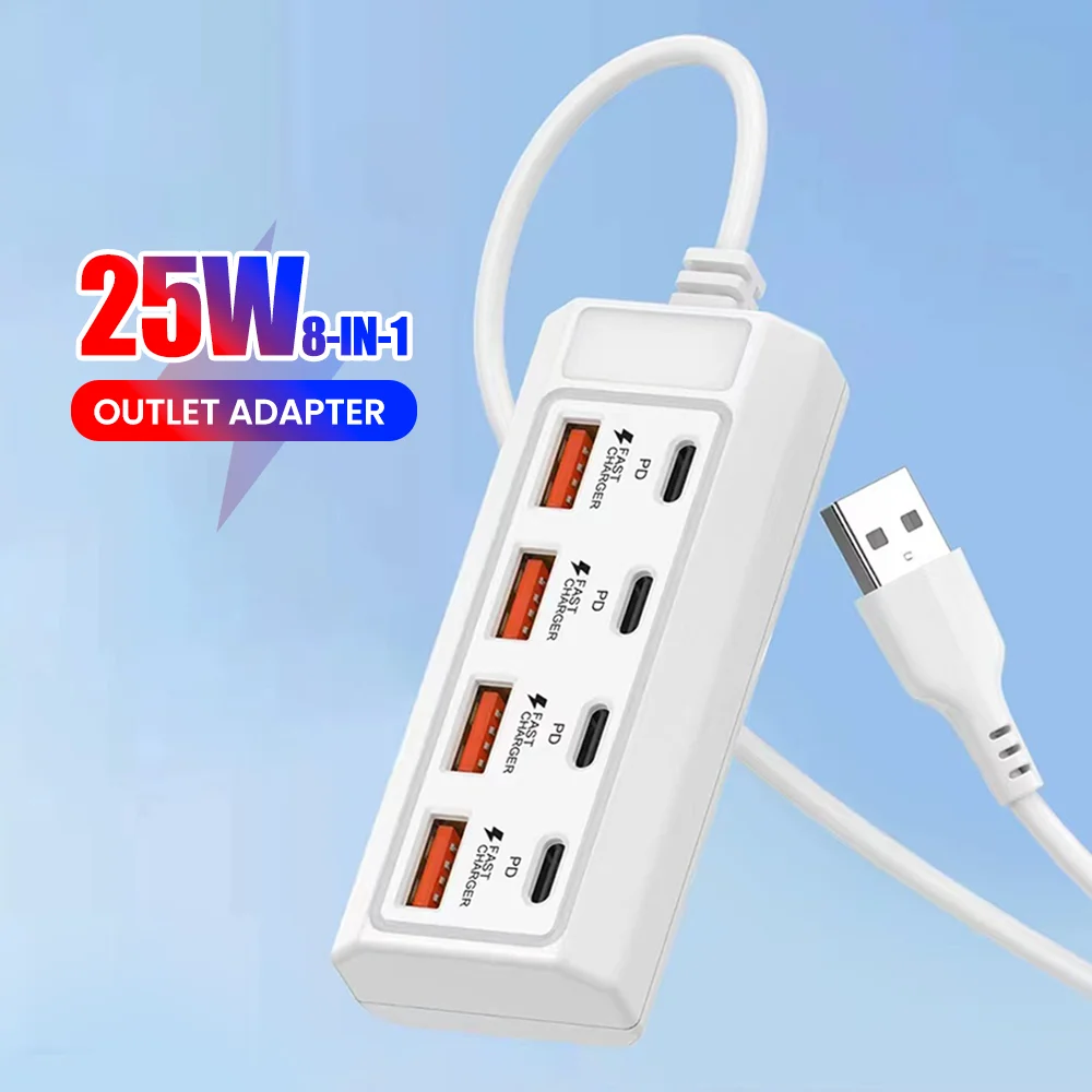 8-in-1-USB-Steckdose, 25 W, Schnelllade-Steckdose, Adapter