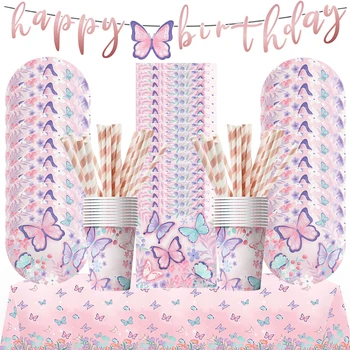 Schmetterling Mädchen Geburtstag Party Einweggeschirr Fee Rosa Pappteller Tassen Serviette Tischdecke