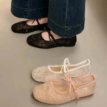 2026 Damen Frühling Sommer Ballerinas Atmungsaktive Mesh-Stickerei Modische Flache Schuhe Niedliche
