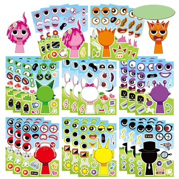 8/16 Blatt Anime Sprunki Lustige Puzzle Aufkleber Machen ein Gesicht Aufkleber Spiel Kinder Spielzeug Cartoon