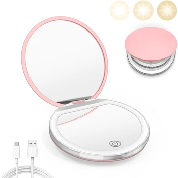 Kompakter Spiegel mit Licht, 1X/3X Vergrößerung, LED-Taschenspiegel mit USB-Datenkabel, rosa Mini-Spiegel