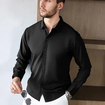Neues, langärmliges, einfarbiges Business-Casual-Hemd für Herren, knitterfrei, knitterfrei, bequem