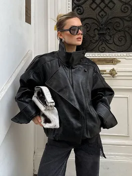 HH Frauen Herbst Elegante Street Style Mäntel Frau Asymmetrische Taste Tasche Lange Ärmel Schwarz Lose Zipper