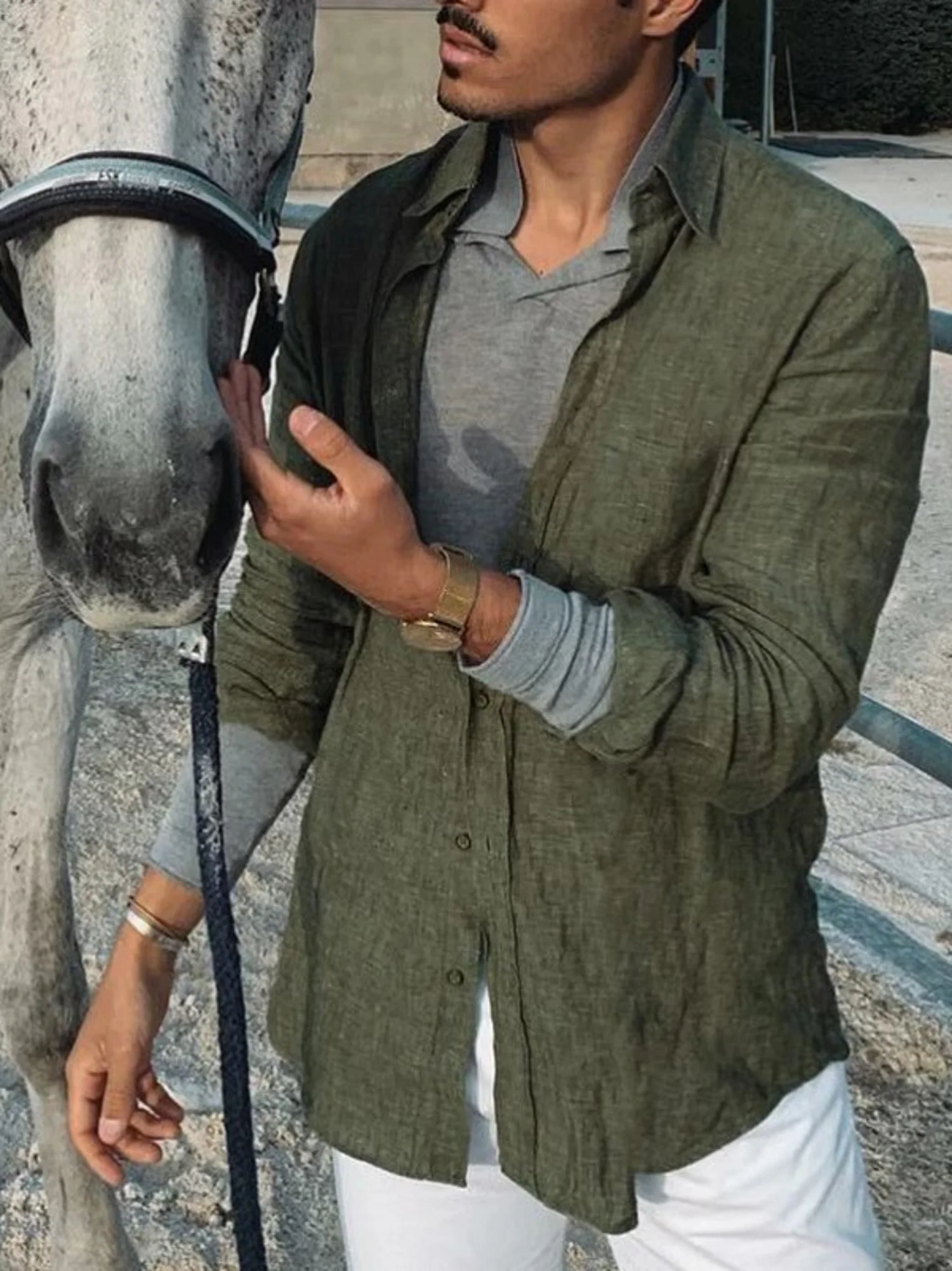 Herren Casual Fashion einfarbiges dünnes Langarmhemd – Bild 2