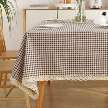 Kaffeegitter-Tischdecke im nordischen minimalistischen Stil mit cremefarbenem Weißbesatz, rechteckiger