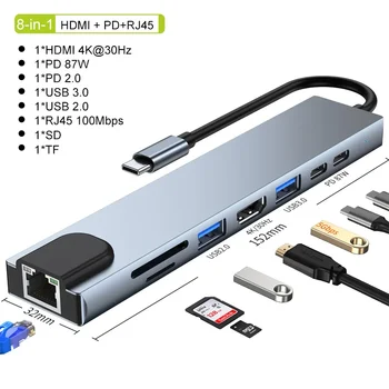 USB-C Hub mit 4K HDMI, RJ45, SD/TF und PD, mehrere Varianten