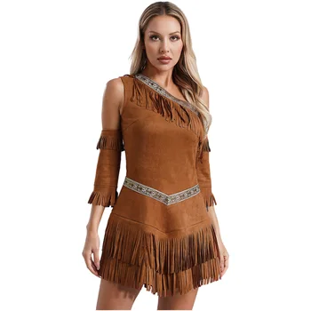 Indianische Kostüme für Frauen, Savage-Halloween-Cosplay, Aborigine-Outfit, Jägerin-Kleid mit Einer Schulter