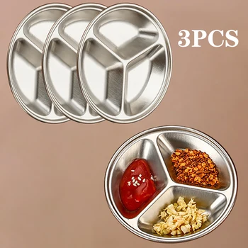 Silber Edelstahl Obst Snack Spezialität Platten Runde Unterteilt Öl Gewürz Tauch Tablett Kleine (3 Stück)