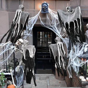 Halloween-Hängegeist, realistisch, einfache Installation, gruseliges hängendes Skelett, Sensenmann