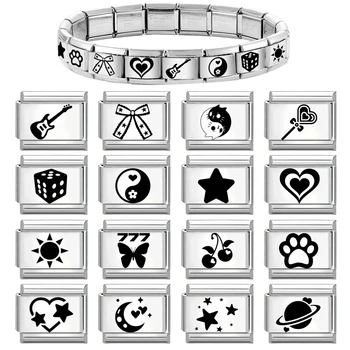 Lasergravur, Schleife, Knoten, Stern, Katzenpfote, Gitarre, Herz, italienische Charm-Verbindungen, passend
