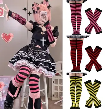 2 Paare/satz Frauen Gothic Punk Über Knie Lange Streifen Socken Mädchen Arm Hülse Handschuhe Oberschenkel Hohe