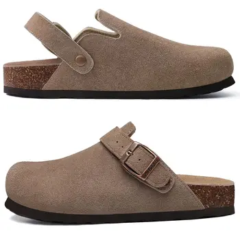 2026 Damen Wildleder-Clogs mit Verstellbarer Schnalle Kork-Leder-Pantoletten Bequeme Slip-On Damen-Hausschuhe