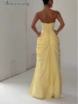 Elegantes Trägerloses Plissiertes Kleid in Gelb für Damen, Schickes Ärmelloses Tailliertes Maxikleid