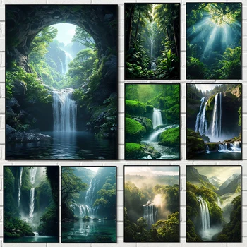 Natürliche Landschaft Spektakulärer Wasserfall Leinwand Malerei Grüner Baum Wald Poster Wand Kunstdrucke Home