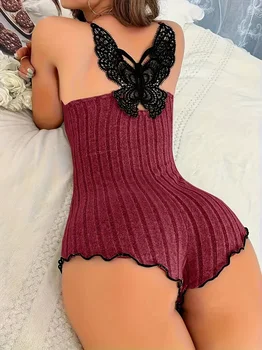 Sommer-Pyjamas für Damen, Onesies, Nachtwäsche, modisches Rückenschleifen-Design, Spitze, Spleißen, Bodysuit