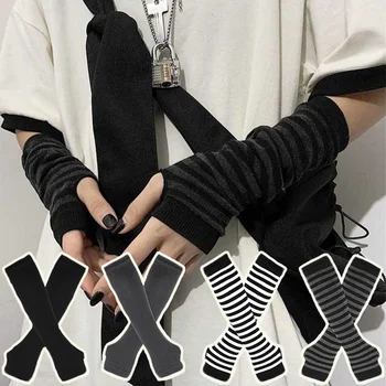 Y2K Gothic Lolita Handschuhe Armabdeckung Harajuku Armstulpen Schwarz Grau Gestreift Fingerlos Punk Langes
