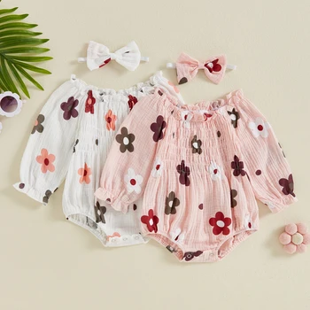 Citgeett Herbst Kleinkind Baby Mädchen Set Langarm Blumen druck gekräuselte Bodysuit Bogen Stirnband Outfits