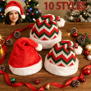 Weihnachtsmützen für Erwachsene, Plüsch-Strickmützen mit weißem Kunstfellbesatz und Pompon