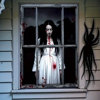 Ein flaches 2D-Halloween-Fensterhintergrundtuch, Polyester, erschreckender weiblicher Geist, geeignet für die