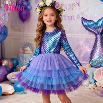 VIKITA Mädchen Meerjungfrau Print Kleid Kinder Layered Mesh Tüll Kuchen Ballkleid Tutu Kleider Mädchen Party